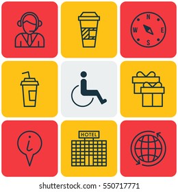 Set Of 9 Transportation Icons. Includes Takeaway Coffee, Info Pointer, Present And Other Symbols. Beautiful Design Elements.