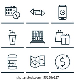Set Of 9 Transportation Icons. Includes Crossroad, Road Map, Money Trasnfer And Other Symbols. Beautiful Design Elements.