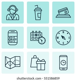 Set Of 9 Transportation Icons. Includes Operator, Credit Card, Calculation And Other Symbols. Beautiful Design Elements.