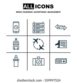Set Of 9 Transportation Icons. Includes Crossroad, Airport Card, Timetable And Other Symbols. Beautiful Design Elements.