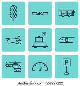 Set Of 9 Transportation Icons. Includes Speed Checker, Safety Belt, Vehicle And Other Symbols. Beautiful Design Elements.