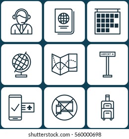 Set Of 9 Transportation Icons. Includes Airplane Information, Identification Document, Luggage And Other Symbols. Beautiful Design Elements.