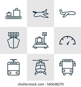 Set Of 9 Transportation Icons. Includes Streetcar, Baggage Carousel, Plane And Other Symbols. Beautiful Design Elements.
