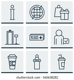 Set Of 9 Transportation Icons. Includes Airport Card, Globetrotter, Registration Service And Other Symbols. Beautiful Design Elements.