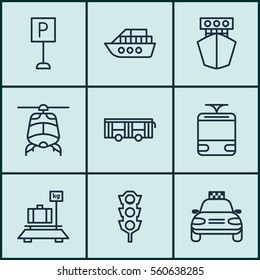 Set Of 9 Transportation Icons. Includes Vehicle, Stoplight, Car Vehicle And Other Symbols. Beautiful Design Elements.
