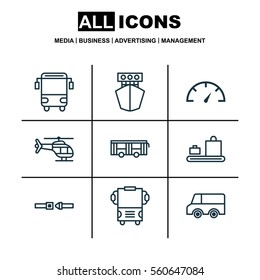Set Of 9 Transportation Icons. Includes Speed Checker, Lorry, Ship And Other Symbols. Beautiful Design Elements.
