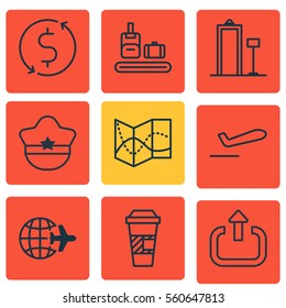 Set Of 9 Transportation Icons. Includes Road Map, Airliner Takeoff, Exit And Other Symbols. Beautiful Design Elements.