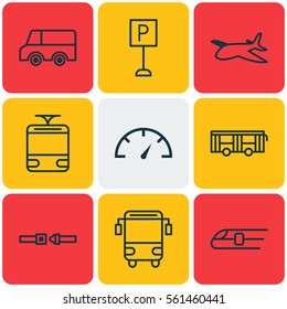 Set Of 9 Transportation Icons. Includes Metro, Speed Checker, Roadsign And Other Symbols. Beautiful Design Elements.