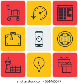Set Of 9 Transportation Icons. Includes Departure Information, Call Duration, Info Pointer And Other Symbols. Beautiful Design Elements.