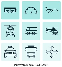 Set Of 9 Transportation Icons. Includes Car Vehicle, Speed Checker, Road Pointer And Other Symbols. Beautiful Design Elements.