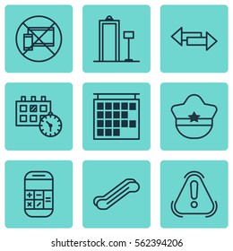 Set Of 9 Transportation Icons. Includes Pilot Hat, Forbidden Mobile, Security Scanner And Other Symbols. Beautiful Design Elements.