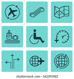 Set Of 9 Transportation Icons. Includes Accessibility, Stair Lift, World And Other Symbols. Beautiful Design Elements.