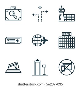 Set Of 9 Transportation Icons. Includes Airport Card, Security Scanner, Resort Development And Other Symbols. Beautiful Design Elements.