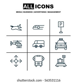 Set Of 9 Transportation Icons. Includes Flight Vehicle, Car Vehicle, Roadsign And Other Symbols. Beautiful Design Elements.