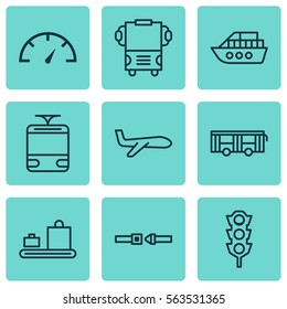 Set Of 9 Transportation Icons. Includes Air Transport, Vehicle, Speed Checker And Other Symbols. Beautiful Design Elements.