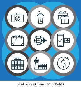 Set Of 9 Transportation Icons. Includes Resort Development, Phone Reservation, Airport Building And Other Symbols. Beautiful Design Elements.