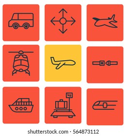Set Of 9 Transportation Icons. Includes Air Transport, Baggage, Safety Belt And Other Symbols. Beautiful Design Elements.