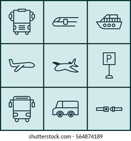 Set Of 9 Transportation Icons. Includes Plane, Air Transport, Roadsign And Other Symbols. Beautiful Design Elements.