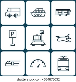 Set Of 9 Transportation Icons. Includes Plane, Metro, Speed Checker And Other Symbols. Beautiful Design Elements.