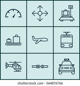 Set Of 9 Transportation Icons. Includes Safety Belt, Air Transport, Streetcar And Other Symbols. Beautiful Design Elements.