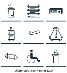 Set Of 9 Transportation Icons. Includes Siren, Crossroad, Airport Card And Other Symbols. Beautiful Design Elements.