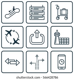 Set Of 9 Transportation Icons. Includes Escalator Down, Call Duration, Fly Around And Other Symbols. Beautiful Design Elements.