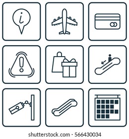 Set Of 9 Transportation Icons. Includes Escalator Down, Departure Information, Siren And Other Symbols. Beautiful Design Elements.