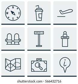 Set Of 9 Transportation Icons. Includes Info Pointer, Armchair, Road Map And Other Symbols. Beautiful Design Elements.