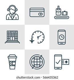 Set Of 9 Transportation Icons. Includes Plastic Card, World, Takeaway Coffee And Other Symbols. Beautiful Design Elements.