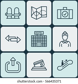 Set Of 9 Transportation Icons. Includes Luggage Scanner, Exit, Road Map And Other Symbols. Beautiful Design Elements.