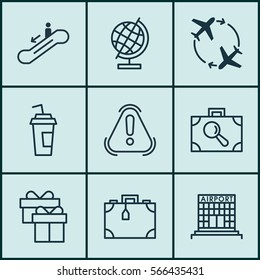 Set Of 9 Transportation Icons. Includes Airfield Manufacture, Baggage Research, Suitcase And Other Symbols. Beautiful Design Elements.