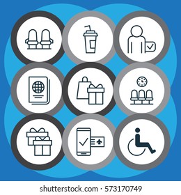 Set Of 9 Transportation Icons. Includes Globetrotter, Shopping, Present And Other Symbols. Beautiful Design Elements.