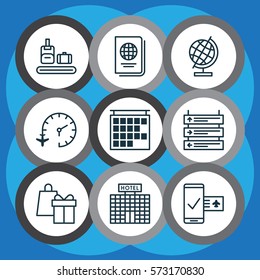 Set Of 9 Transportation Icons. Includes World Sphere, Travel Clock, Phone Reservation And Other Symbols. Beautiful Design Elements.
