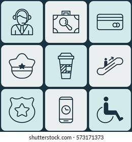 Set Of 9 Transportation Icons. Includes Moving Staircase, Operator, Cop Symbol And Other Symbols. Beautiful Design Elements.