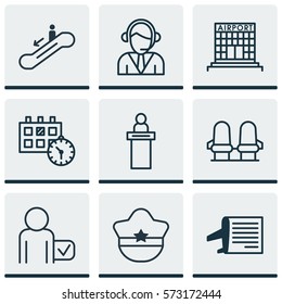 Set Of 9 Transportation Icons. Includes Timetable, Airfield Manufacture, Escalator Down And Other Symbols. Beautiful Design Elements.