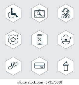Set Of 9 Transportation Icons. Includes Call Duration, Registration Service, Moving Staircase And Other Symbols. Beautiful Design Elements.