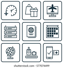 Set Of 9 Transportation Icons. Includes World Sphere, Identification Document, Plane Schedule And Other Symbols. Beautiful Design Elements.
