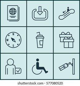 Set Of 9 Transportation Icons. Includes Drink Cup, Present, Escalator Down And Other Symbols. Beautiful Design Elements.