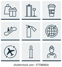 Set Of 9 Transportation Icons. Includes Shopping, Information, World And Other Symbols. Beautiful Design Elements.