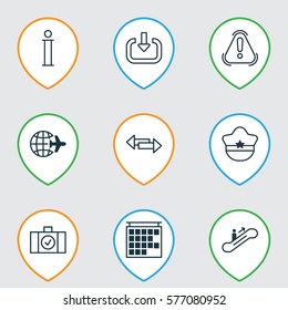 Set Of 9 Transportation Icons. Includes Information, Moving Staircase, Pilot Hat And Other Symbols. Beautiful Design Elements.