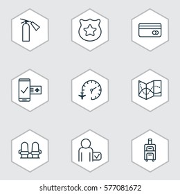 Set Of 9 Transportation Icons. Includes Phone Reservation, Globetrotter, Plastic Card And Other Symbols. Beautiful Design Elements.