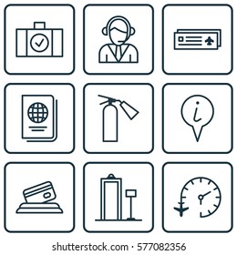 Set Of 9 Transportation Icons. Includes Luggage Scanner, Travel Clock, Identification Document And Other Symbols. Beautiful Design Elements.