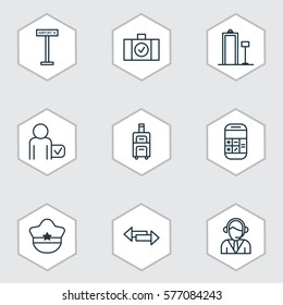 Set Of 9 Transportation Icons. Includes Operator, Globetrotter, Luggage And Other Symbols. Beautiful Design Elements.