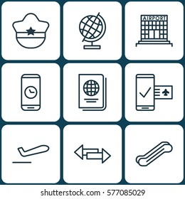 Set Of 9 Transportation Icons. Includes Crossroad, Airliner Takeoff, Identification Document And Other Symbols. Beautiful Design Elements.