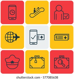 Set Of 9 Transportation Icons. Includes Worldwide Flight, Pilot Hat, Call Duration And Other Symbols. Beautiful Design Elements.