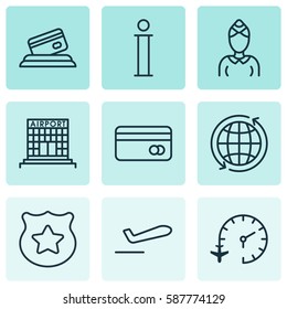 Set Of 9 Transportation Icons. Includes World, Hostess, Information And Other Symbols. Beautiful Design Elements.