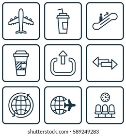 Set Of 9 Transportation Icons. Includes World, Exit, Moving Staircase And Other Symbols. Beautiful Design Elements.