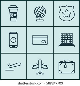 Set Of 9 Transportation Icons. Includes Airfield Manufacture, Airliner, World Sphere And Other Symbols. Beautiful Design Elements.