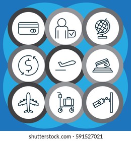 Set Of 9 Transportation Icons. Includes Plastic Card, Video Surveillance, Suitcase Pushcart And Other Symbols. Beautiful Design Elements.