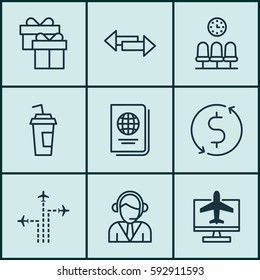 Set Of 9 Transportation Icons. Includes Seats, Drink Cup, Money Trasnfer And Other Symbols. Beautiful Design Elements.